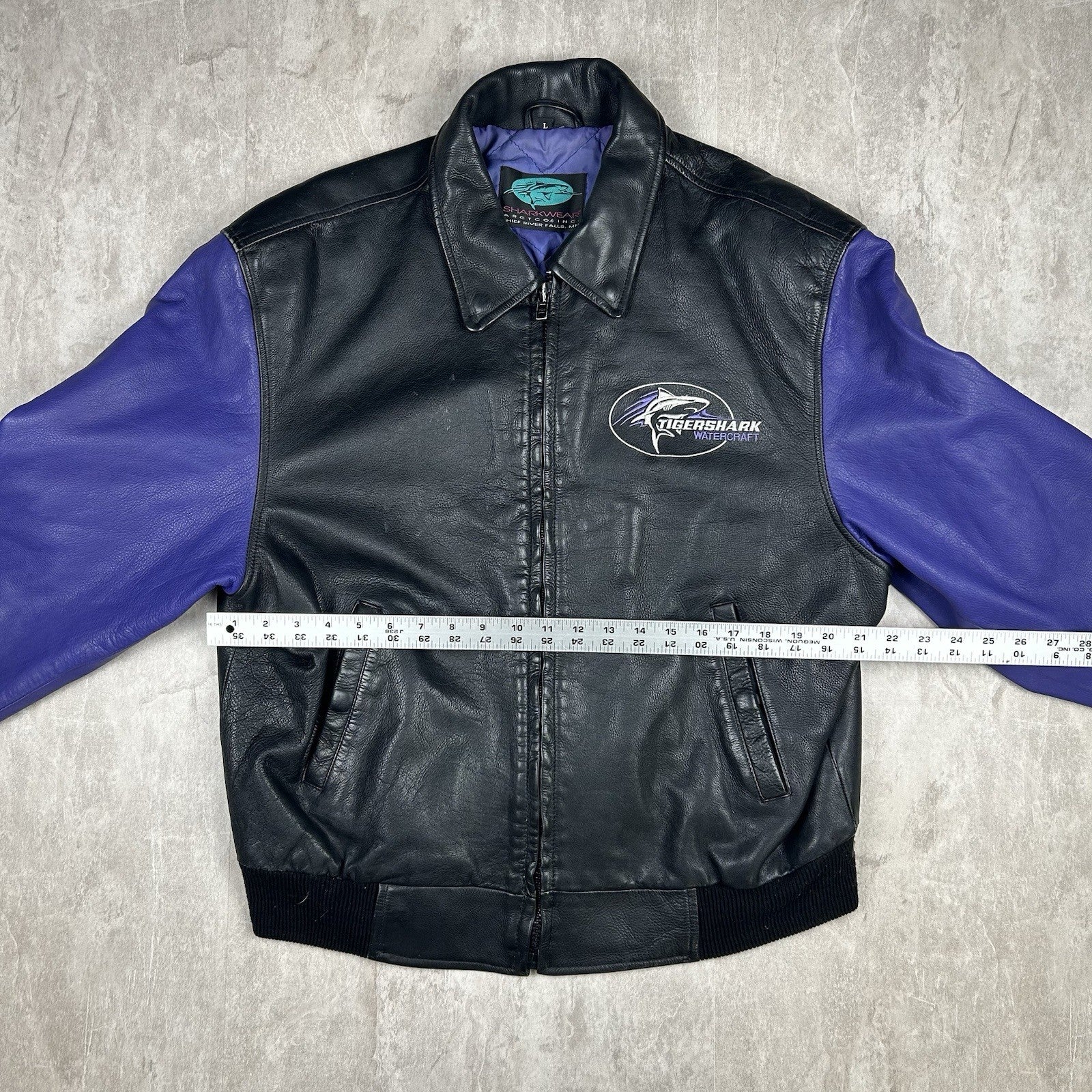 Vintage 90s Tiger Shark Watercraft Leather Bomber Jacket