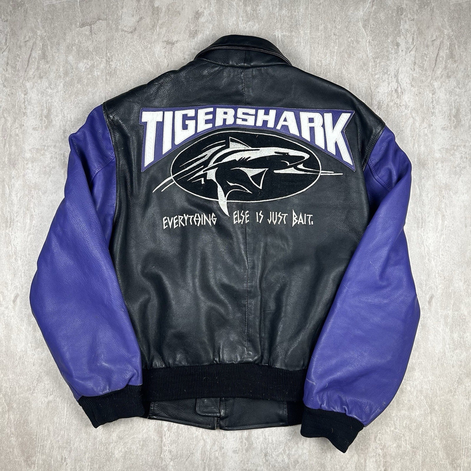 Vintage 90s Tiger Shark Watercraft Leather Bomber Jacket