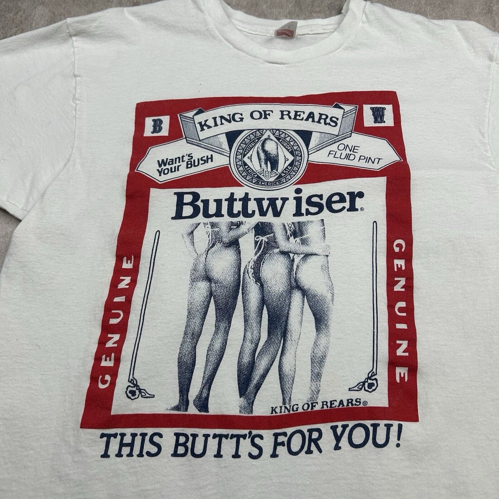 Vintage 80s Budweiser Bud Buttwiser King of Rears White T-Shirt