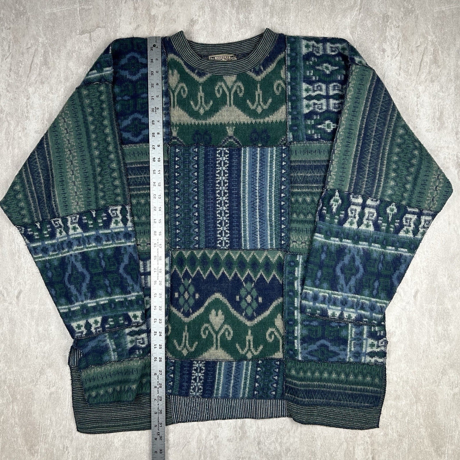 Vintage 90s EXPRESS Tricot Wool Box Sweater Tunic Green Blue