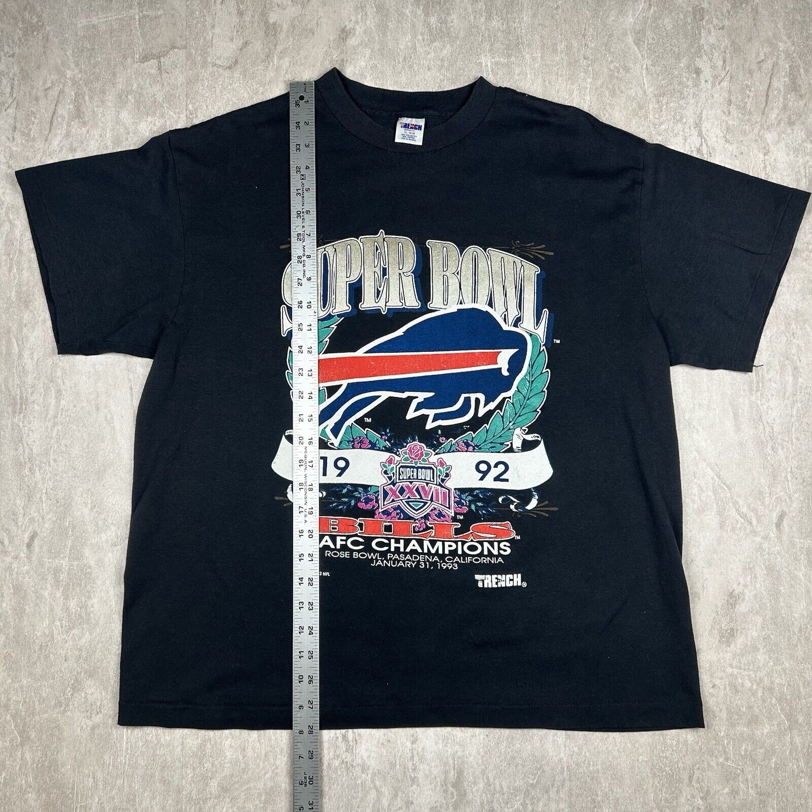 Vtg 1992 Buffalo Bills AFC Champs Super Bowl Black Trench T-Shirt