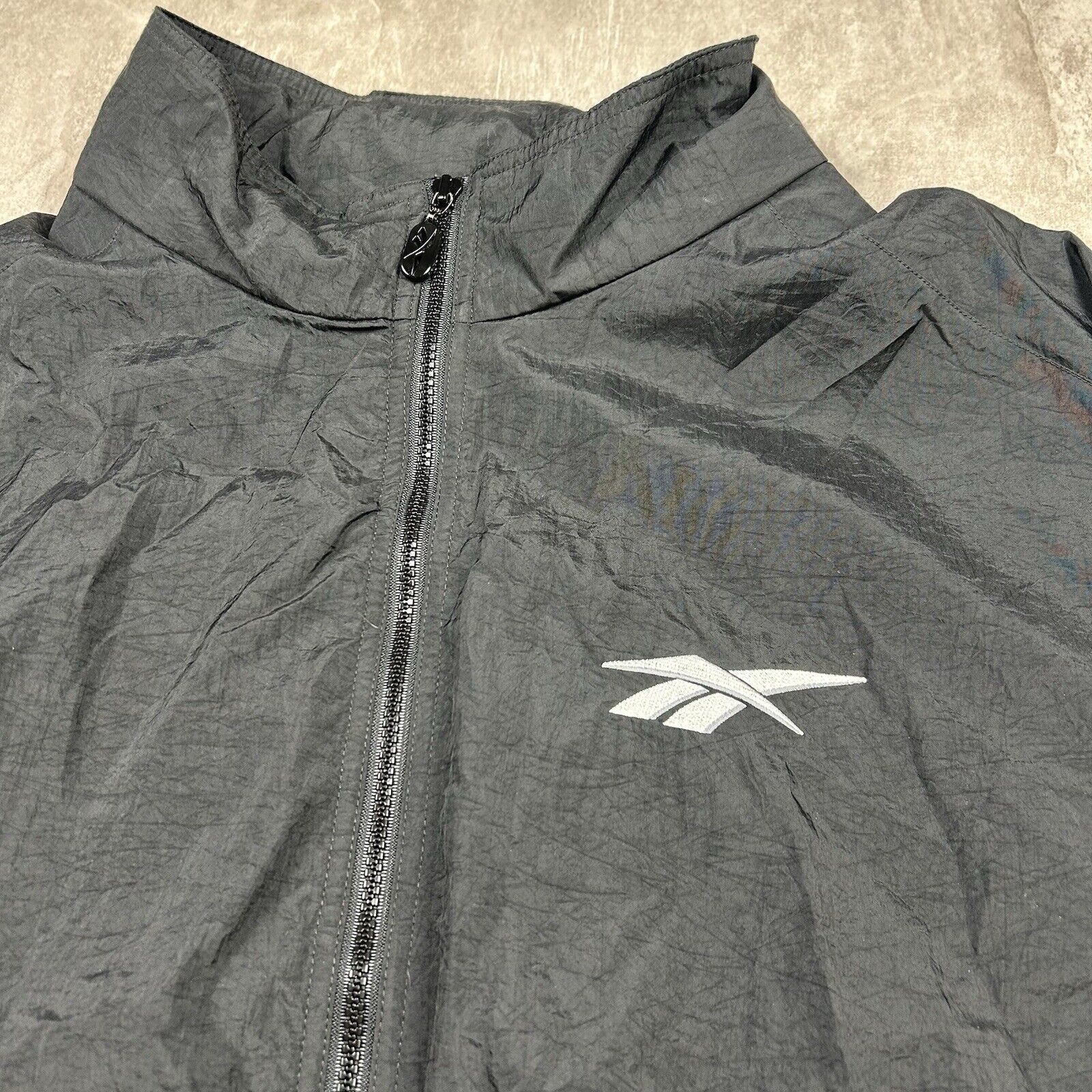 Vtg 90s Reebok Black Zip Up Windbreaker Embroidered Jacket