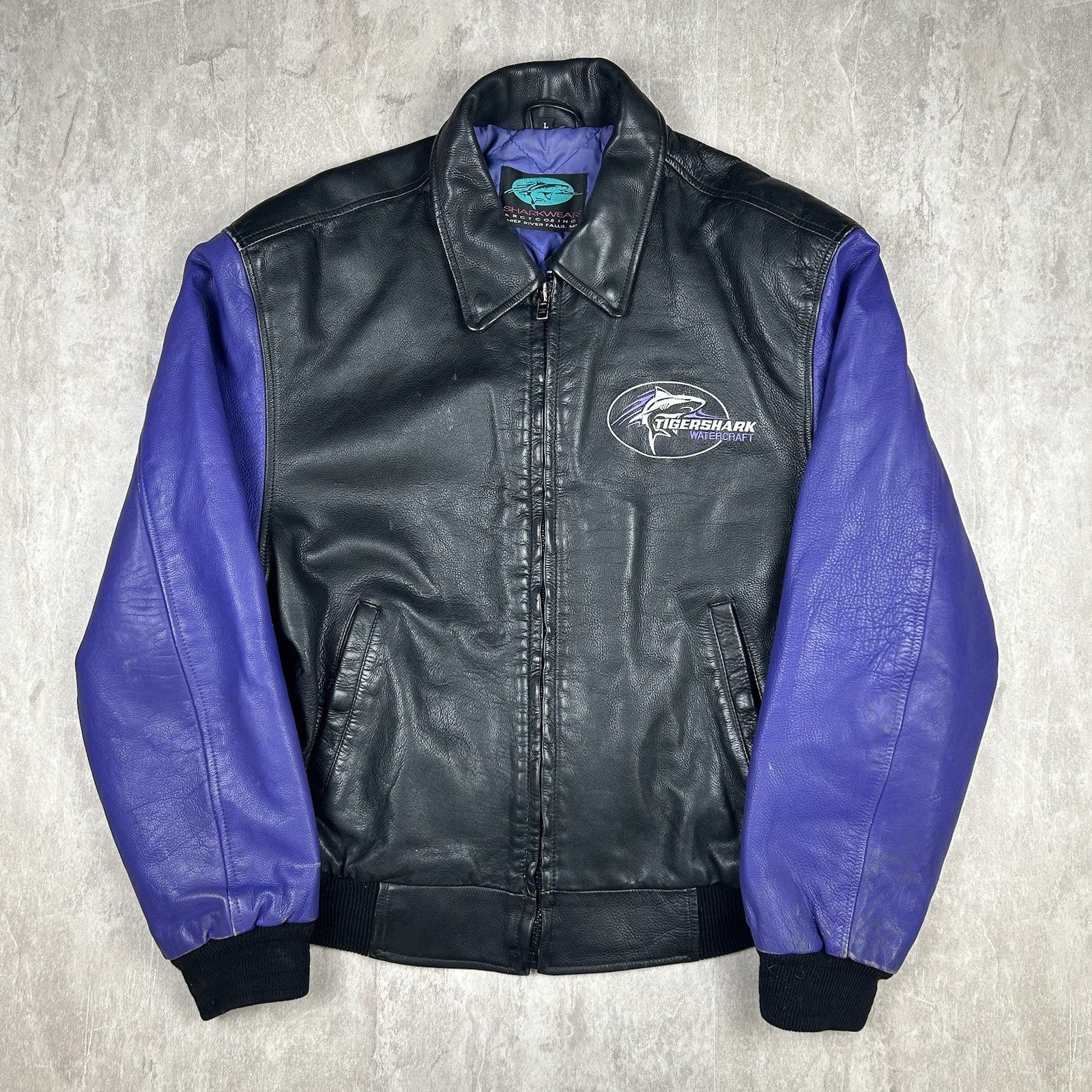 Vintage 90s Tiger Shark Watercraft Leather Bomber Jacket