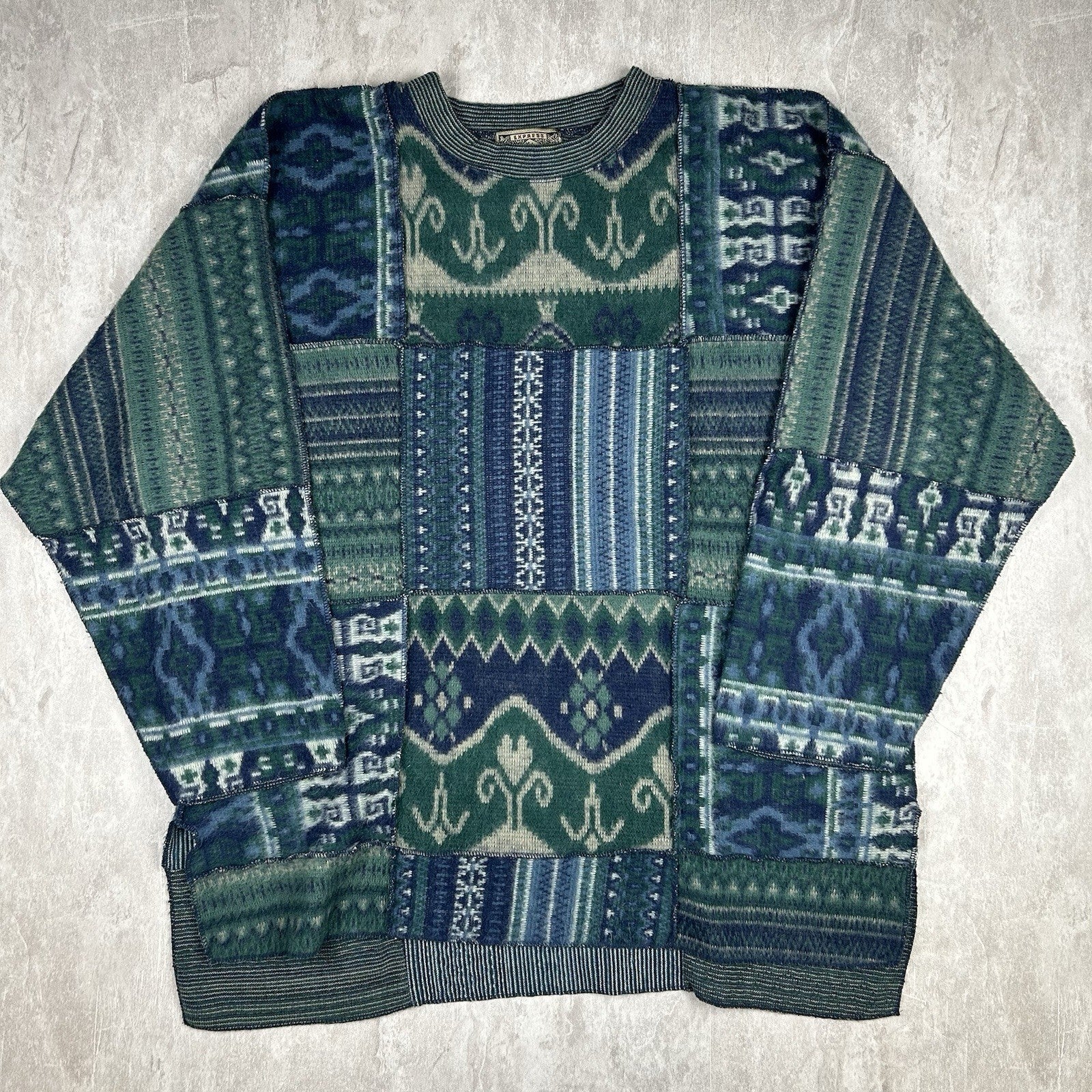 Vintage 90s EXPRESS Tricot Wool Box Sweater Tunic Green Blue