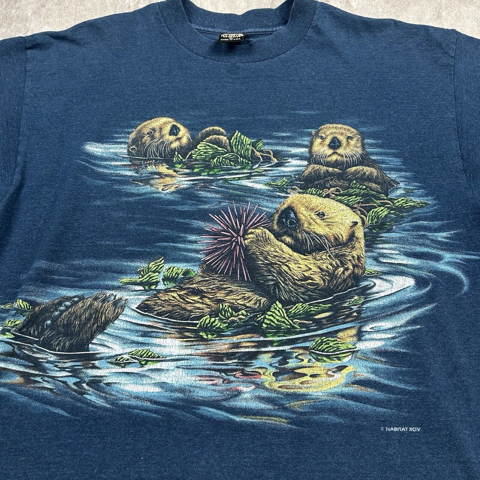Vtg 90s Habitat Otter Wildlife Animal All Over Print T-Shirt Blue