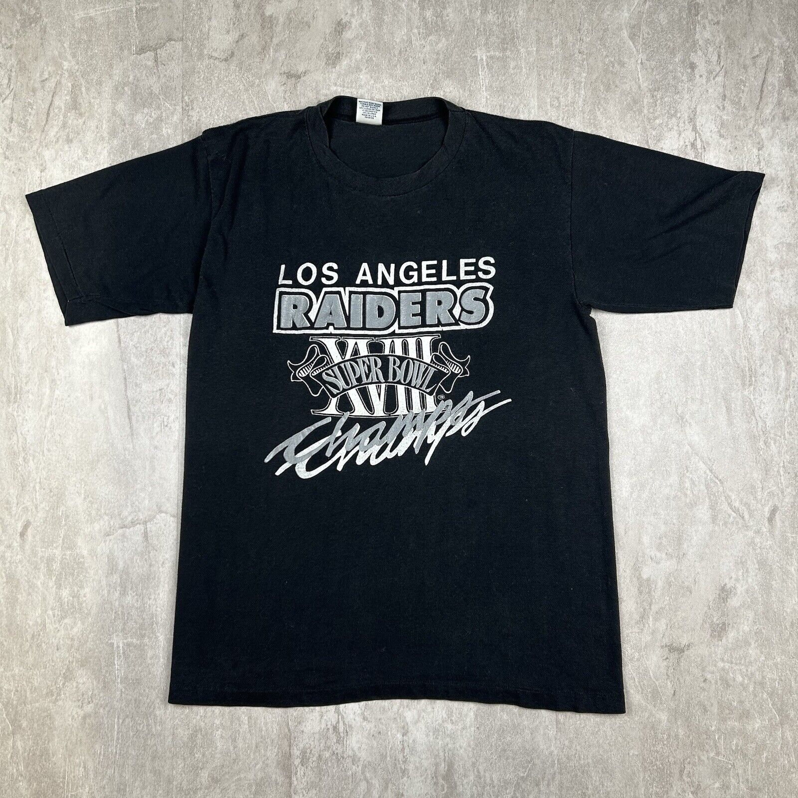 Vtg 80s Los Angeles Raiders Super Bowl XVIII Champions Black T