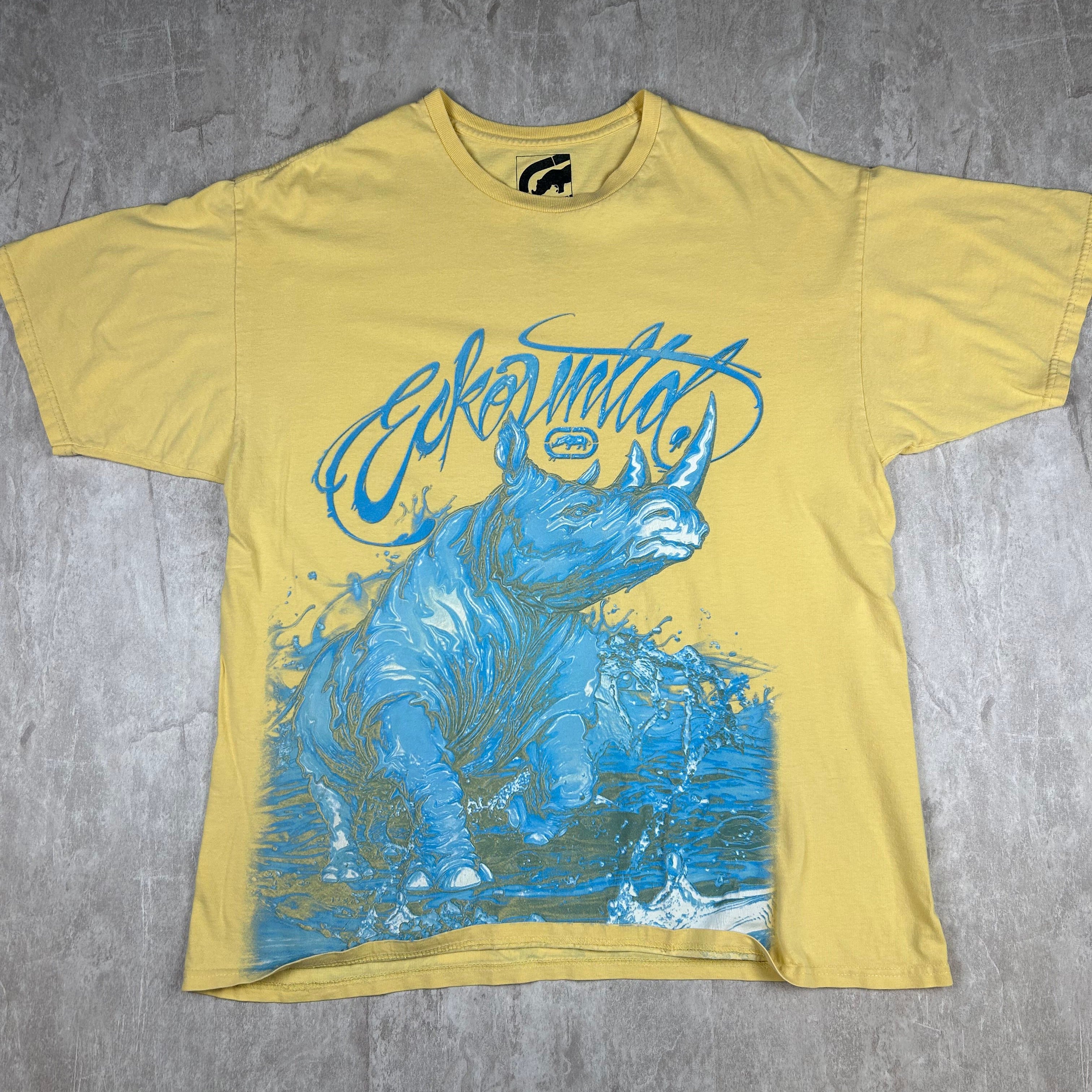 Y2K Ecko Unltd Graffiti Rhino Graphic T-Shirt Yellow Cotton