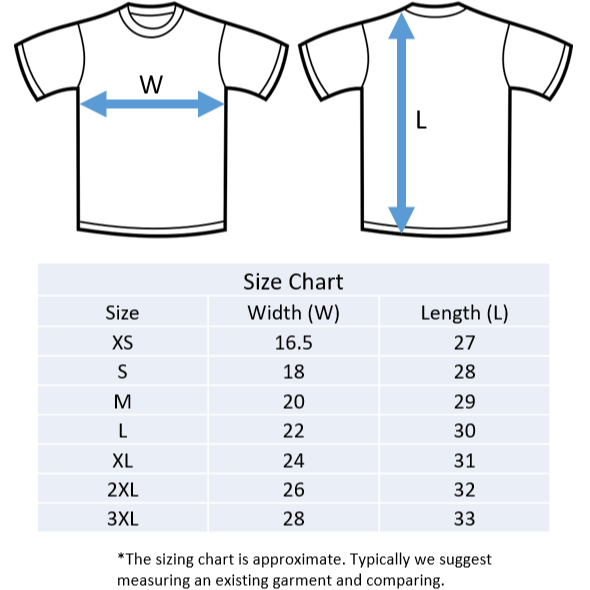 Height/length (L) and Width (W) of a standard t-shirt, sweatshirt, jacket. Sizes including XS, S, M, L, XL, 2XL, and 3XL. Approximate sizing, suggest measuring existing piece of clothing.